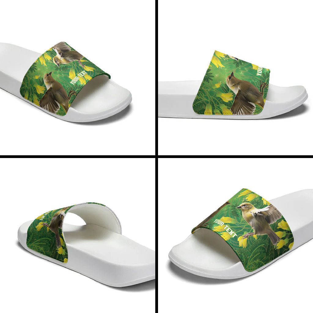 Bellbird New Zealand Personalised Slide Sandals Kowhai Flower Maori Pattern