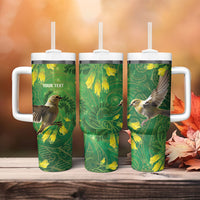 Bellbird New Zealand Personalised Tumbler With Handle Kowhai Flower Maori Pattern