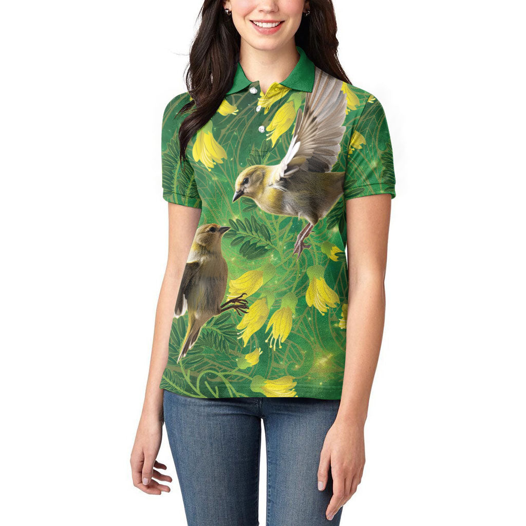 Bellbird New Zealand Personalised Women Polo Shirt Kowhai Flower Maori Pattern LT22 - Polynesian Pride