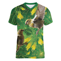 Bellbird New Zealand Personalised Women V-Neck T-Shirt Kowhai Flower Maori Pattern LT22 Female Green - Polynesian Pride