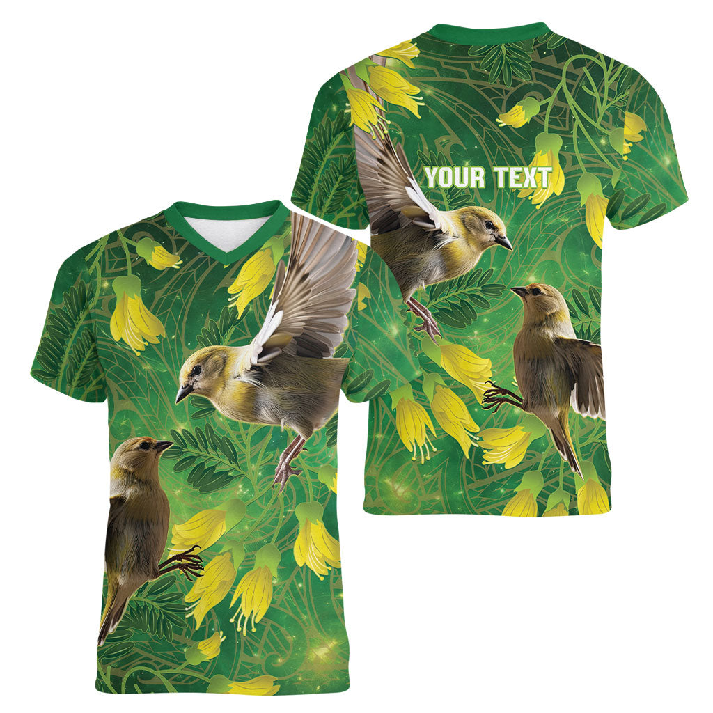 Bellbird New Zealand Personalised Women V-Neck T-Shirt Kowhai Flower Maori Pattern LT22 - Polynesian Pride