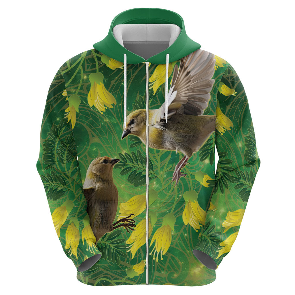 Bellbird New Zealand Personalised Zip Hoodie Kowhai Flower Maori Pattern
