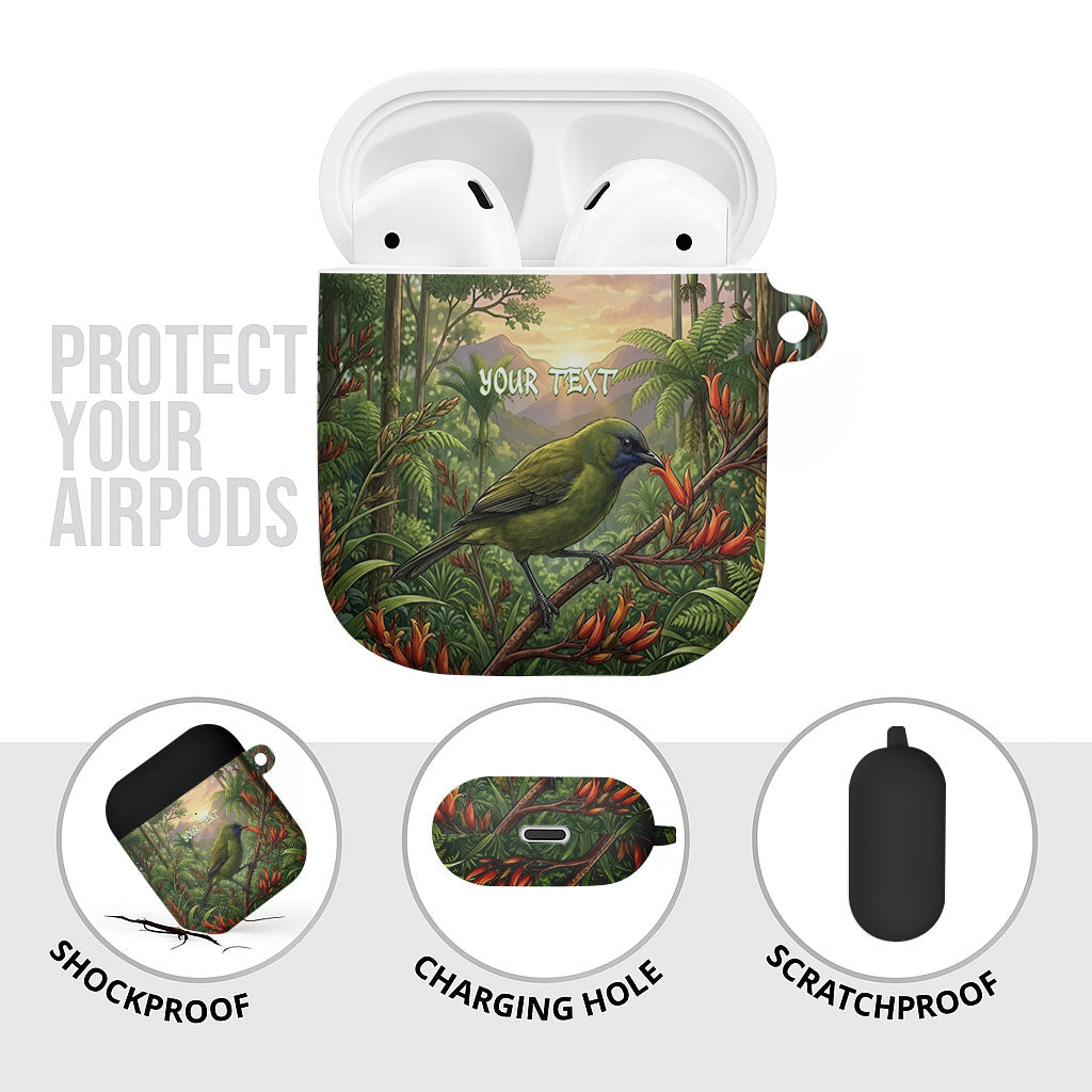 Bellbird New Zealand Personalised AirPods Case Korimako Harakeke Flower Native Forest