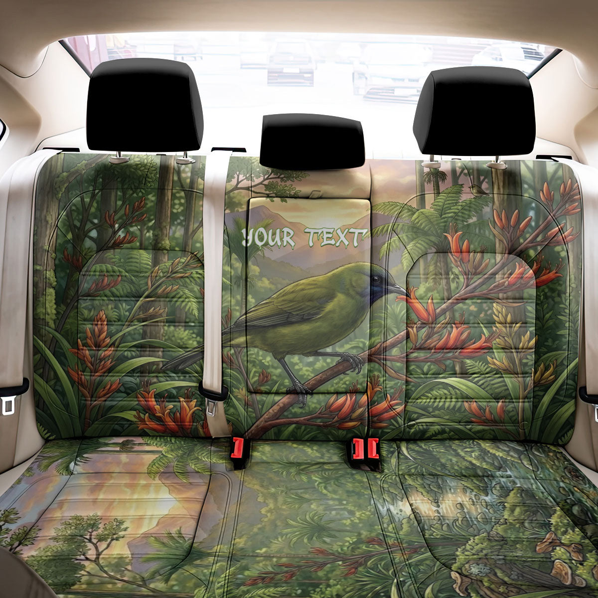 Bellbird New Zealand Personalised Back Car Seat Cover Korimako Harakeke Flower Native Forest
