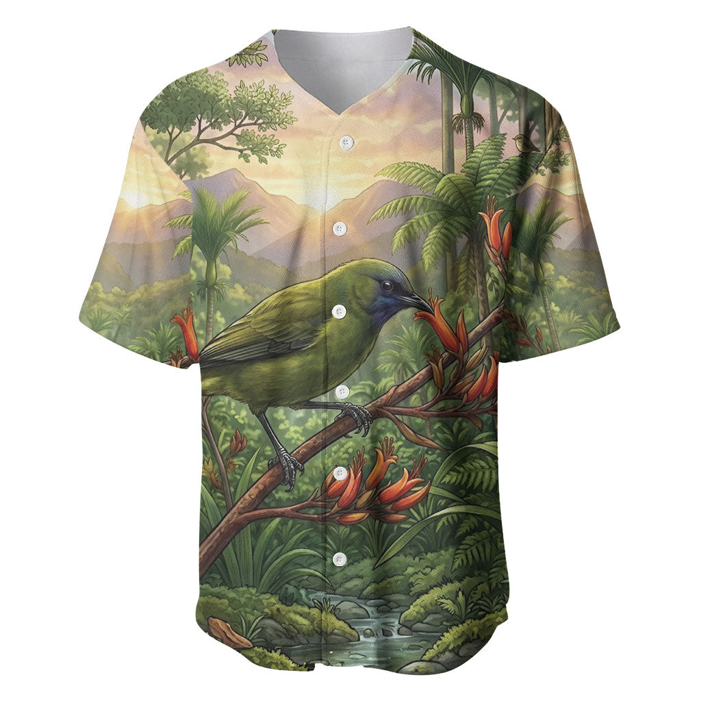 Bellbird New Zealand Personalised Baseball Jersey Korimako Harakeke Flower Native Forest LT22 Green - Polynesian Pride