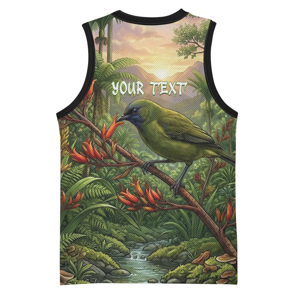 Bellbird New Zealand Personalised Basketball Jersey Korimako Harakeke Flower Native Forest LT22 - Polynesian Pride