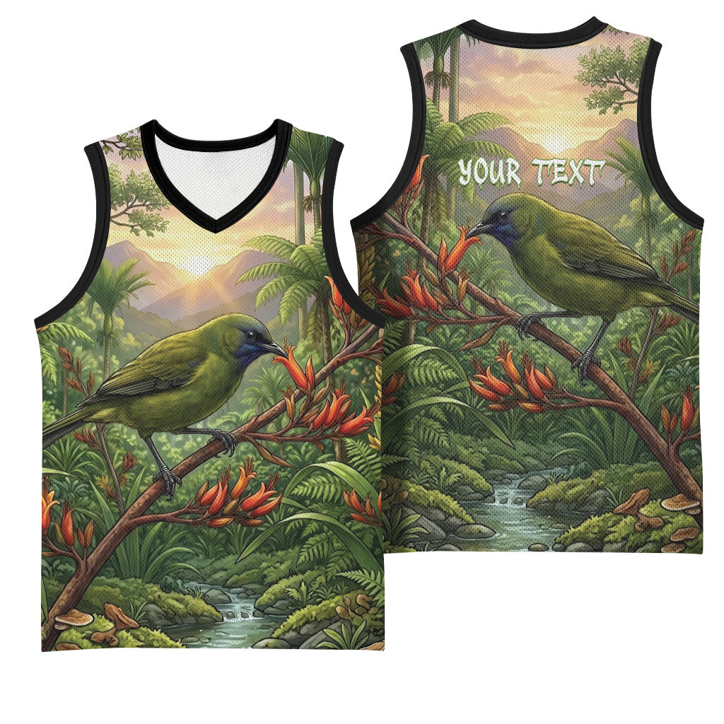 Bellbird New Zealand Personalised Basketball Jersey Korimako Harakeke Flower Native Forest LT22 - Polynesian Pride