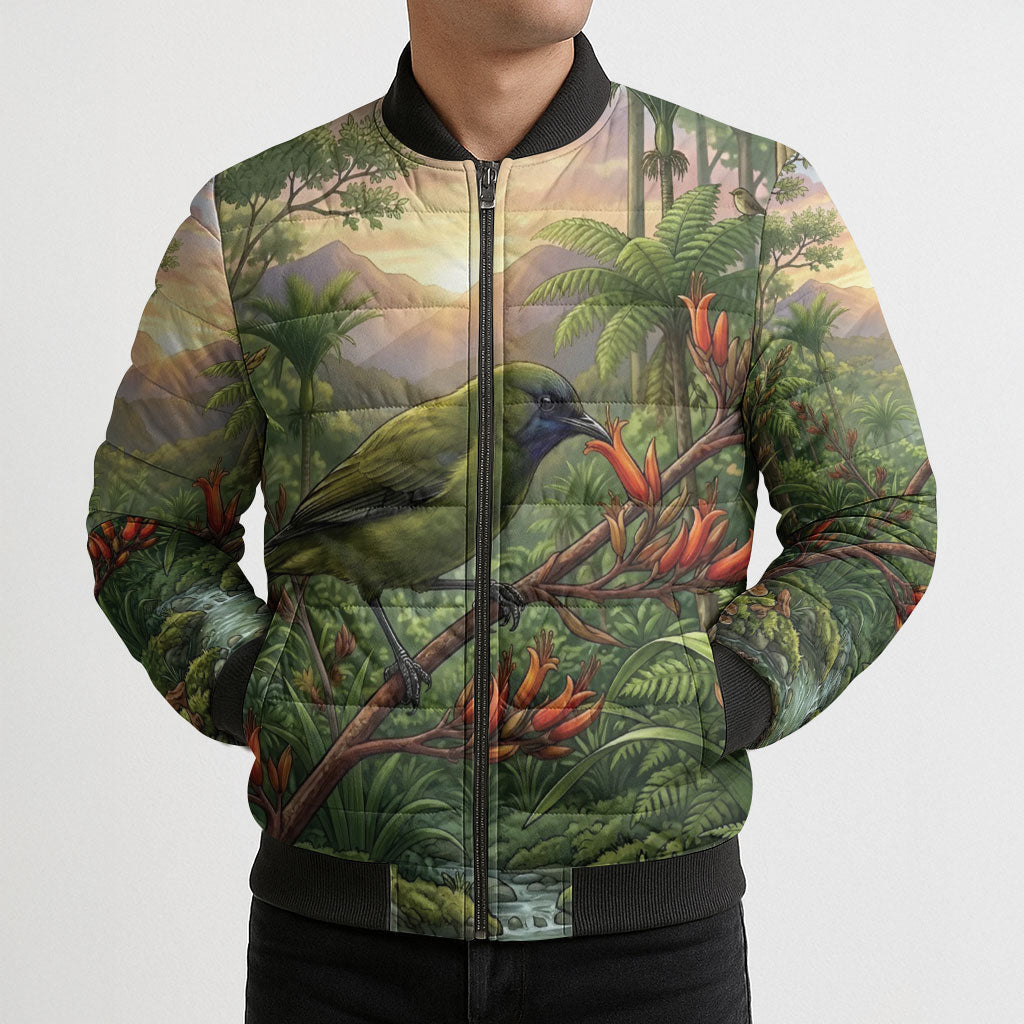 Bellbird New Zealand Personalised Bomber Puffer Jacket Korimako Harakeke Flower Native Forest LT22 - Polynesian Pride