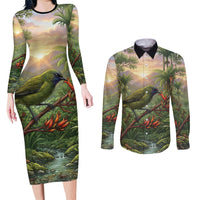 Bellbird New Zealand Personalised Couples Matching Long Sleeve Bodycon Dress and Long Sleeve Button Shirt Korimako Harakeke Flower Native Forest