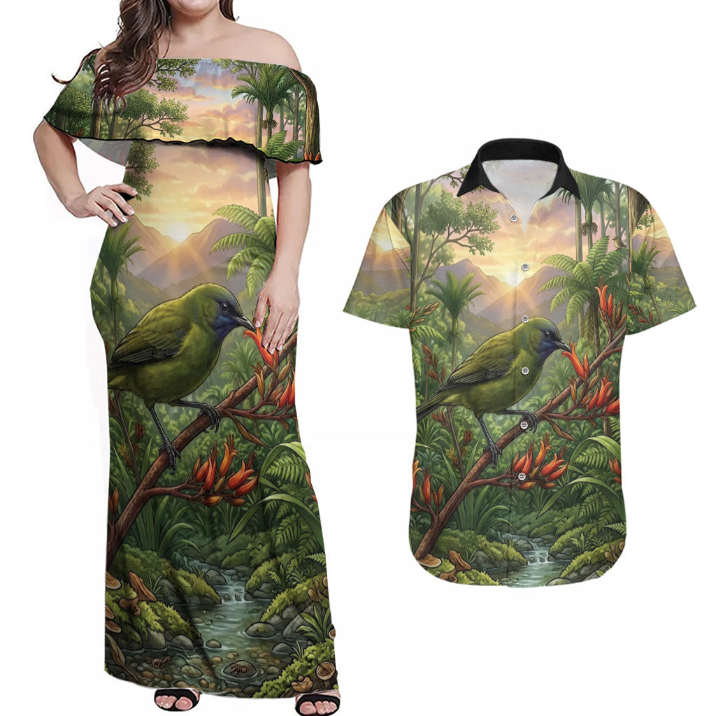 Bellbird New Zealand Personalised Couples Matching Off Shoulder Maxi Dress and Hawaiian Shirt Korimako Harakeke Flower Native Forest