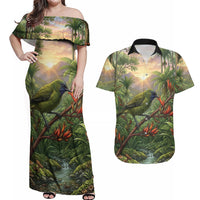 Bellbird New Zealand Personalised Couples Matching Off Shoulder Maxi Dress and Hawaiian Shirt Korimako Harakeke Flower Native Forest