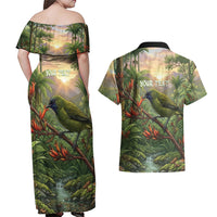 Bellbird New Zealand Personalised Couples Matching Off Shoulder Maxi Dress and Hawaiian Shirt Korimako Harakeke Flower Native Forest