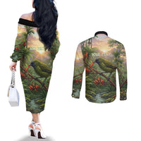 Bellbird New Zealand Personalised Couples Matching Off The Shoulder Long Sleeve Dress and Long Sleeve Button Shirt Korimako Harakeke Flower Native Forest