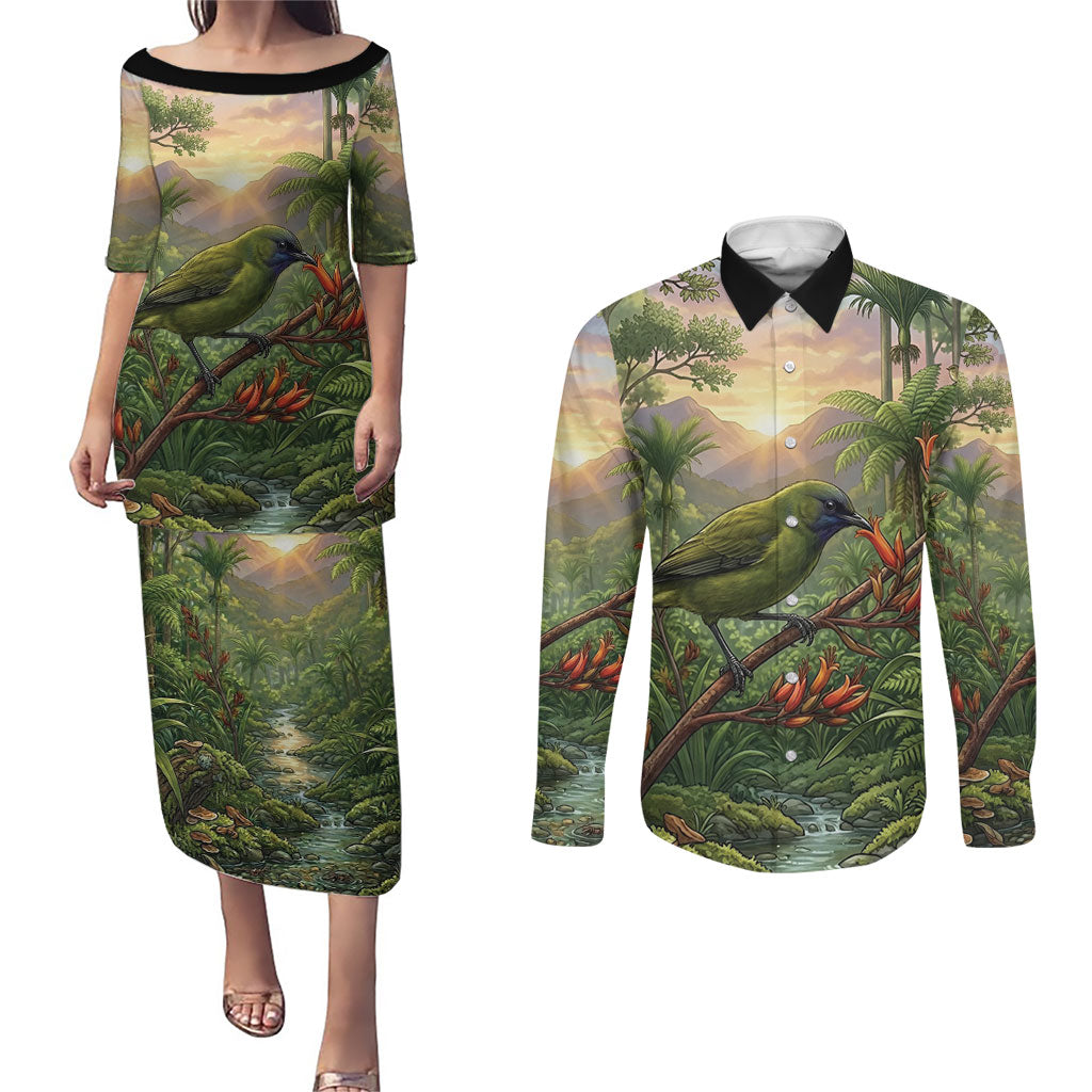 Bellbird New Zealand Personalised Couples Matching Puletasi and Long Sleeve Button Shirt Korimako Harakeke Flower Native Forest LT22 Green - Polynesian Pride