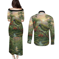 Bellbird New Zealand Personalised Couples Matching Puletasi and Long Sleeve Button Shirt Korimako Harakeke Flower Native Forest LT22 - Polynesian Pride
