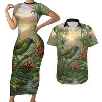 Bellbird New Zealand Personalised Couples Matching Short Sleeve Bodycon Dress and Hawaiian Shirt Korimako Harakeke Flower Native Forest LT22 Green - Polynesian Pride