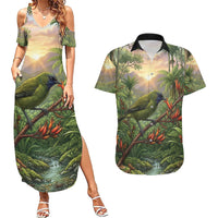 Bellbird New Zealand Personalised Couples Matching Summer Maxi Dress and Hawaiian Shirt Korimako Harakeke Flower Native Forest