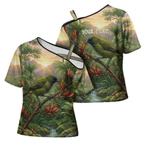Bellbird New Zealand Personalised Cross Shoulder Shirt Korimako Harakeke Flower Native Forest