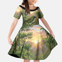 Bellbird New Zealand Personalised Family Matching Off Shoulder Maxi Dress and Hawaiian Shirt Korimako Harakeke Flower Native Forest LT22 Daughter's Dress Green - Polynesian Pride