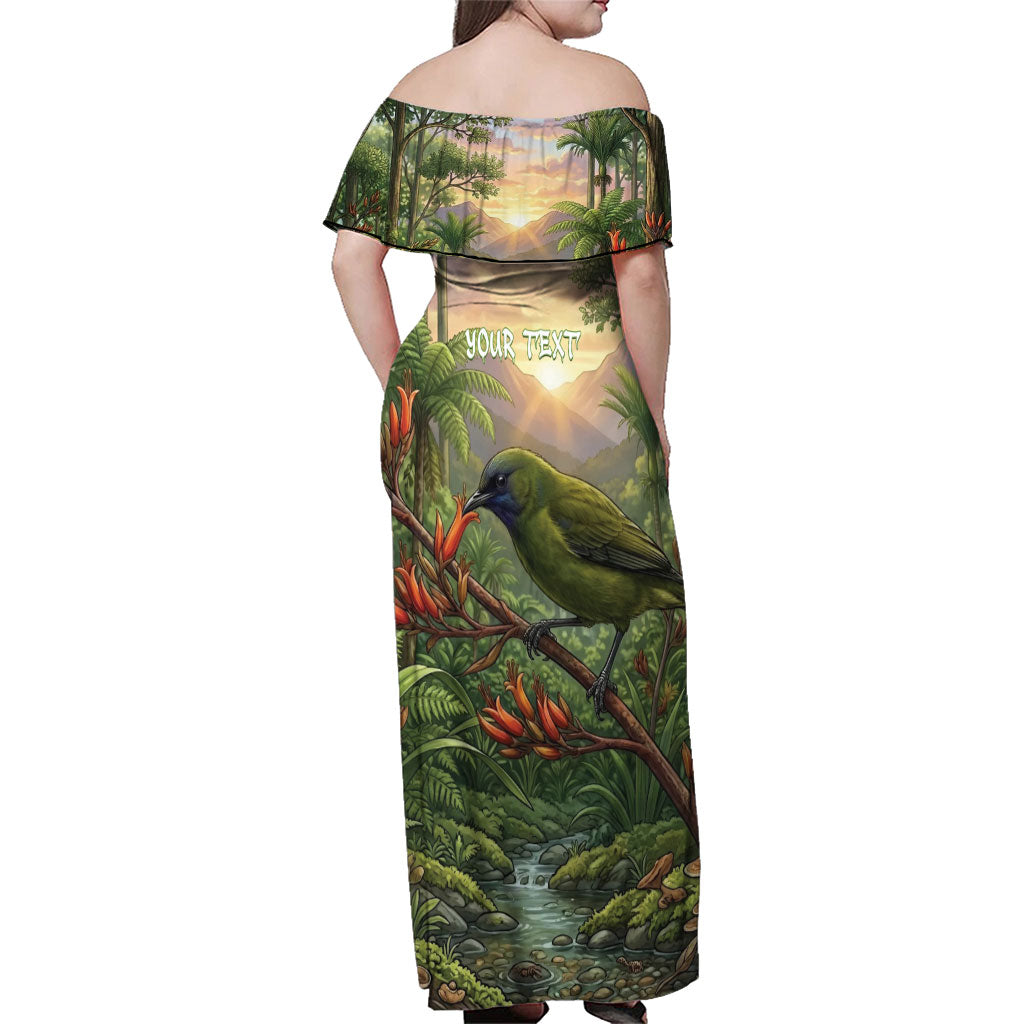 Bellbird New Zealand Personalised Family Matching Off Shoulder Maxi Dress and Hawaiian Shirt Korimako Harakeke Flower Native Forest LT22 - Polynesian Pride