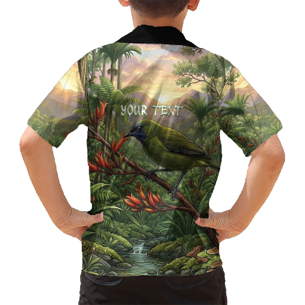 Bellbird New Zealand Personalised Family Matching Off Shoulder Short Dress and Hawaiian Shirt Korimako Harakeke Flower Native Forest LT22 - Polynesian Pride