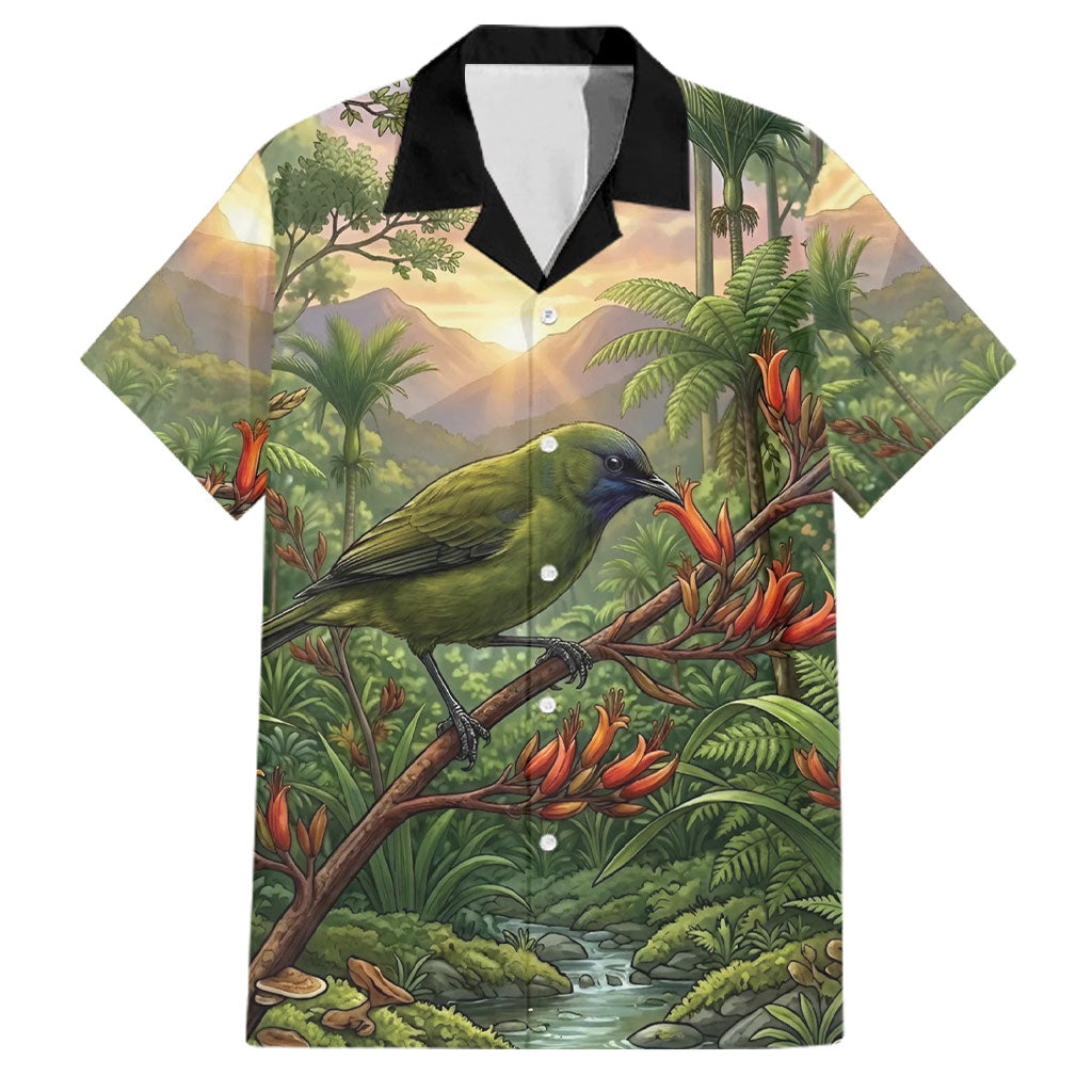 Bellbird New Zealand Personalised Family Matching Off Shoulder Short Dress and Hawaiian Shirt Korimako Harakeke Flower Native Forest LT22 Dad's Shirt - Short Sleeve Green - Polynesian Pride