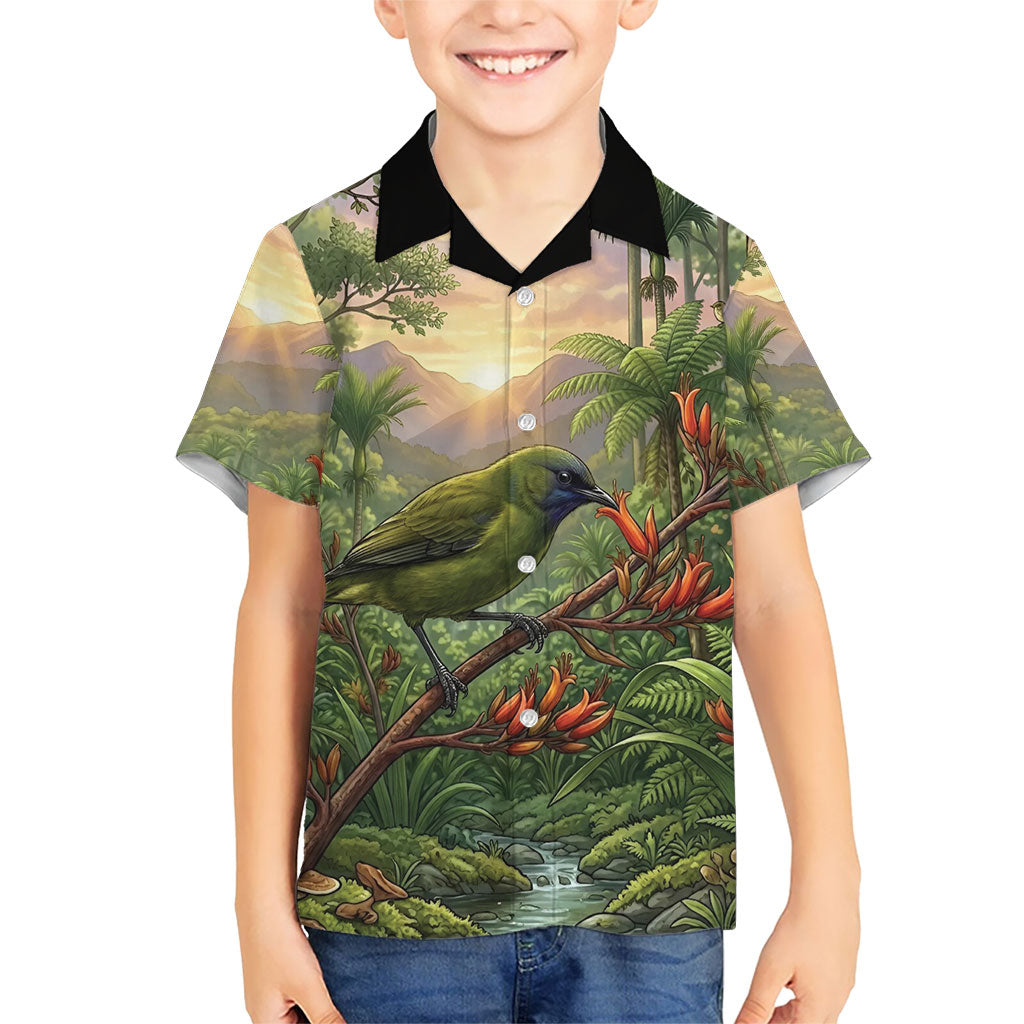 Bellbird New Zealand Personalised Family Matching Off Shoulder Short Dress and Hawaiian Shirt Korimako Harakeke Flower Native Forest LT22 Son's Shirt Green - Polynesian Pride