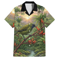 Bellbird New Zealand Personalised Family Matching Puletasi and Hawaiian Shirt Korimako Harakeke Flower Native Forest LT22 Dad's Shirt - Short Sleeve Green - Polynesian Pride
