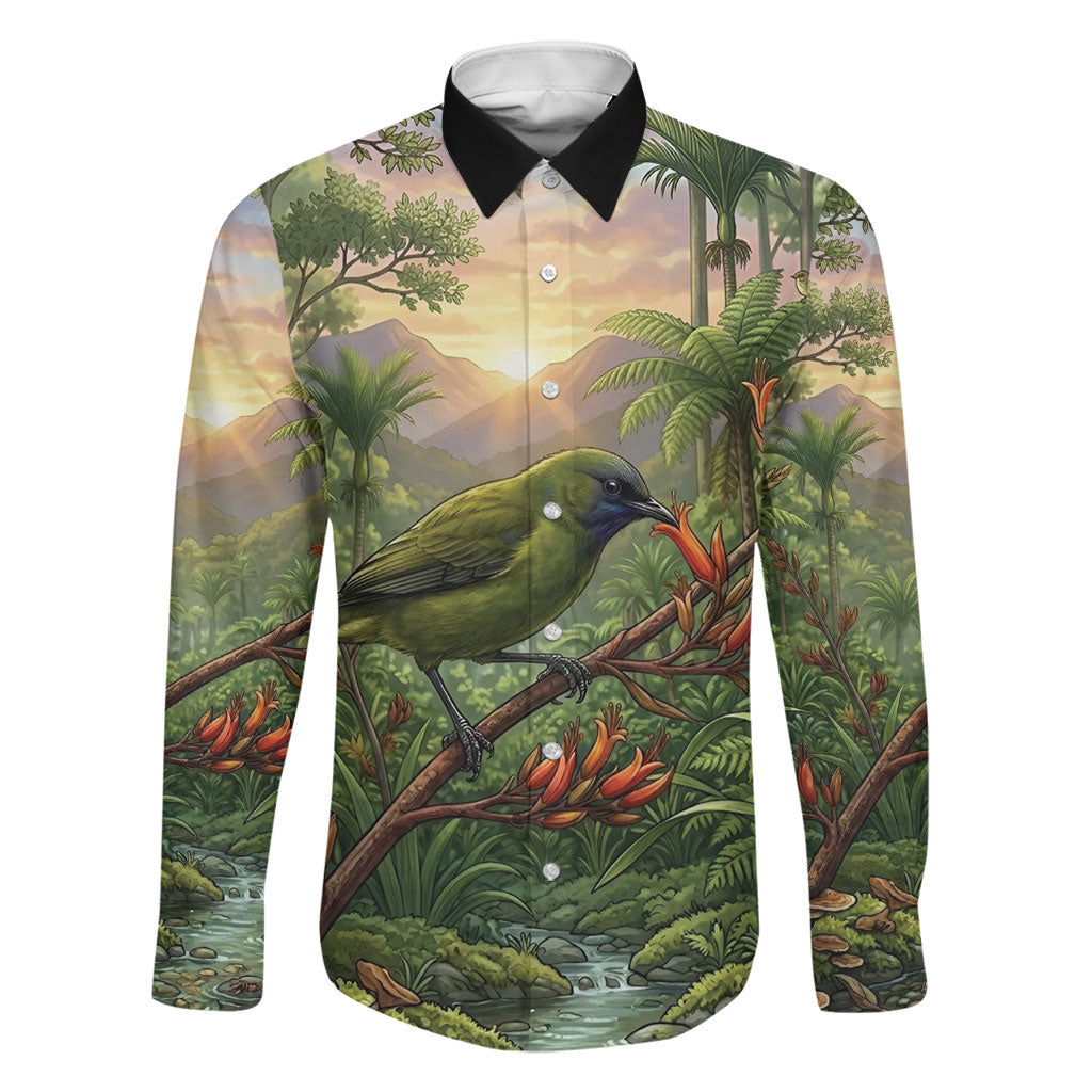 Bellbird New Zealand Personalised Family Matching Puletasi and Hawaiian Shirt Korimako Harakeke Flower Native Forest LT22 Dad's Shirt - Long Sleeve Green - Polynesian Pride