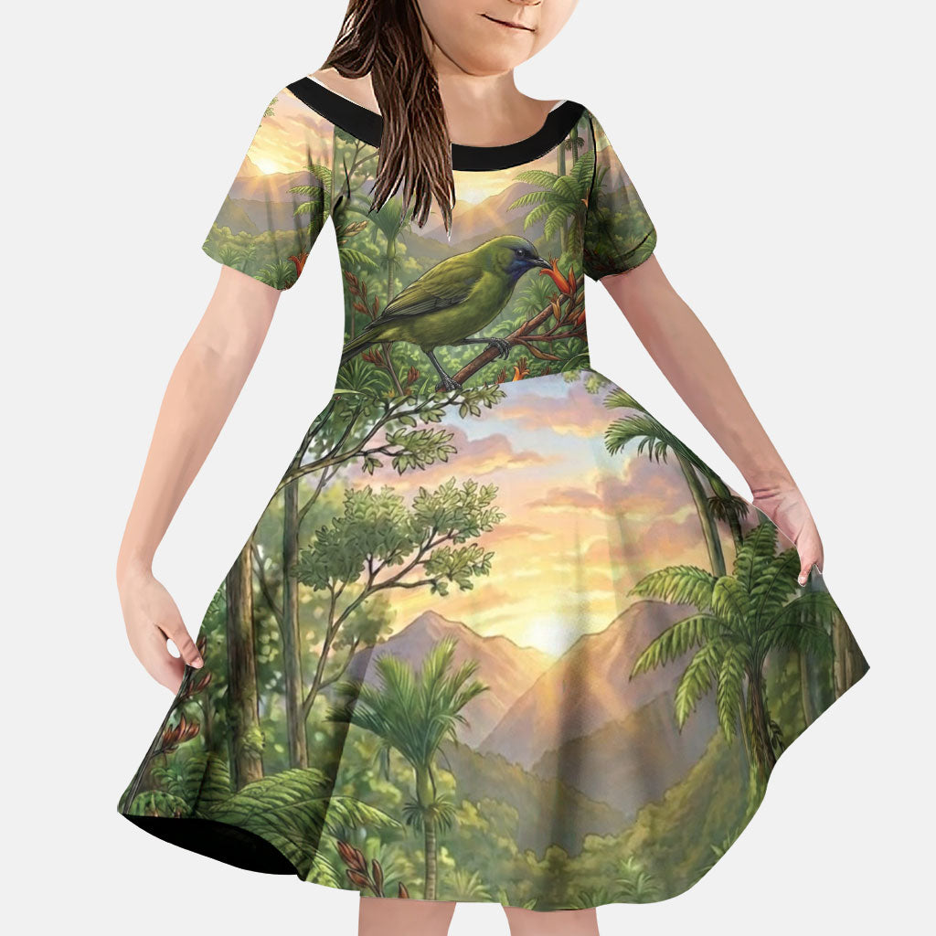 Bellbird New Zealand Personalised Family Matching Tank Maxi Dress and Hawaiian Shirt Korimako Harakeke Flower Native Forest LT22 Daughter's Dress Green - Polynesian Pride