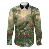 Bellbird New Zealand Personalised Family Matching Tank Maxi Dress and Hawaiian Shirt Korimako Harakeke Flower Native Forest LT22 Dad's Shirt - Long Sleeve Green - Polynesian Pride