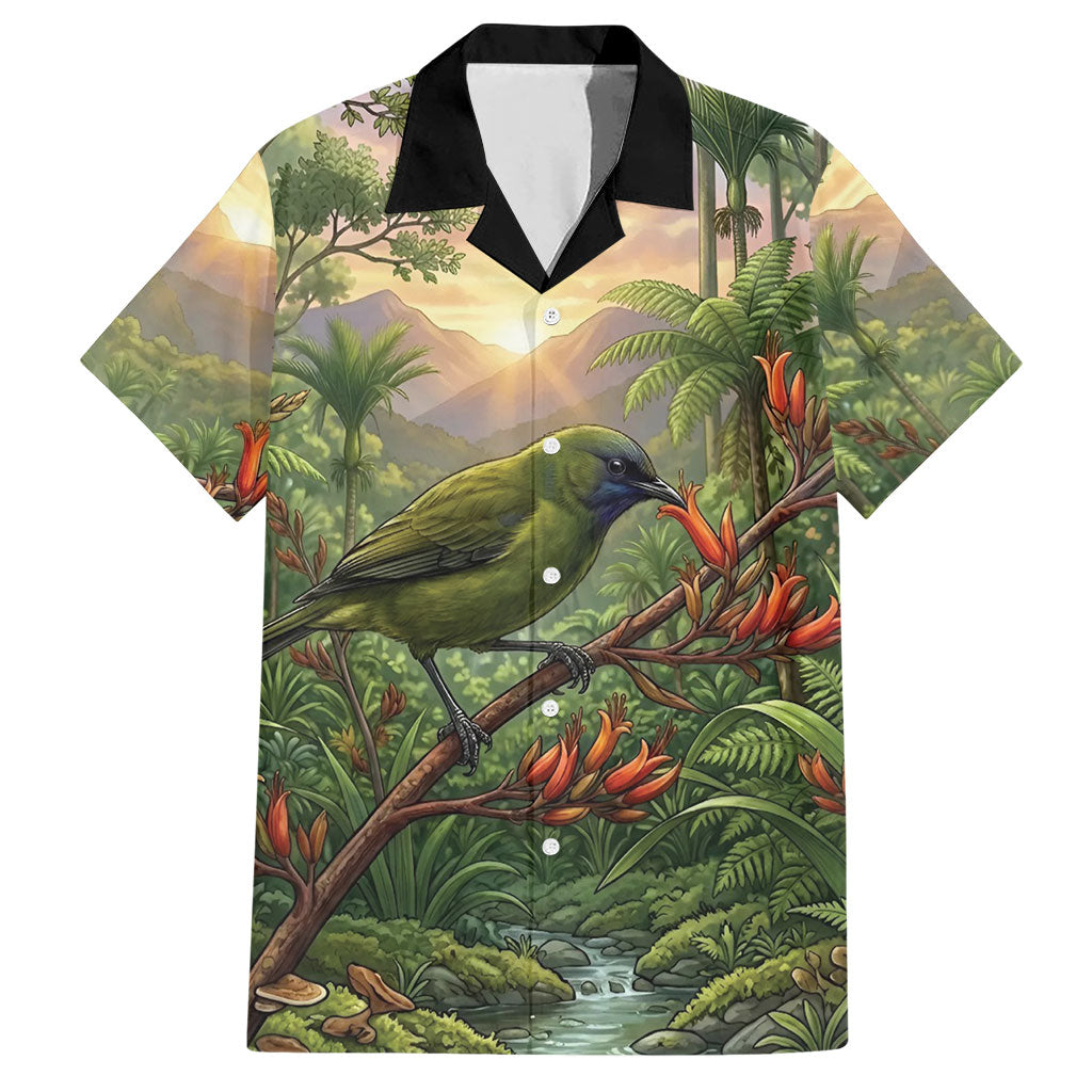 Bellbird New Zealand Personalised Hawaiian Shirt Korimako Harakeke Flower Native Forest LT22 Green - Polynesian Pride
