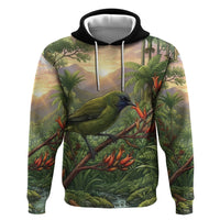 Bellbird New Zealand Personalised Hoodie Korimako Harakeke Flower Native Forest LT22 Pullover Hoodie Green - Polynesian Pride