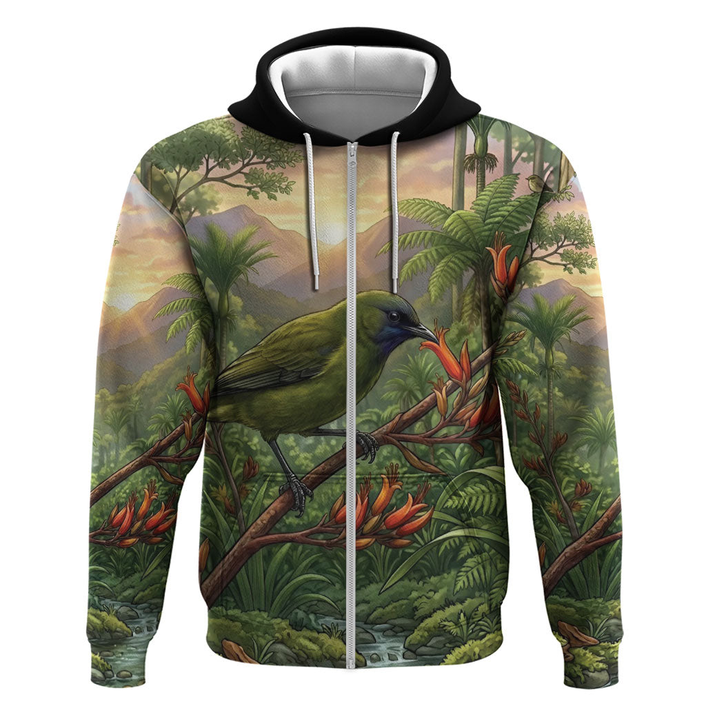 Bellbird New Zealand Personalised Hoodie Korimako Harakeke Flower Native Forest LT22 Zip Hoodie Green - Polynesian Pride