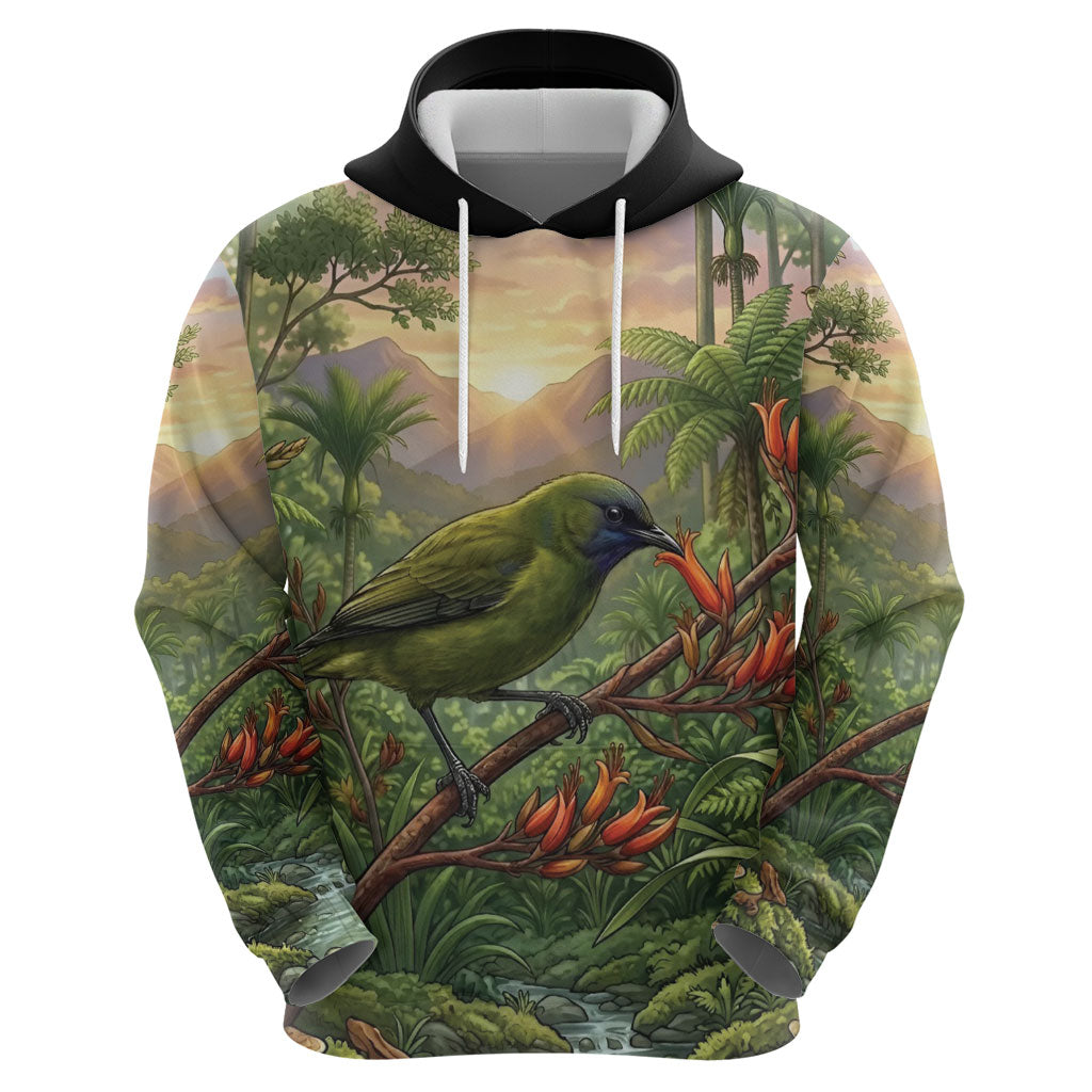 Bellbird New Zealand Personalised Hoodie Korimako Harakeke Flower Native Forest LT22 - Polynesian Pride