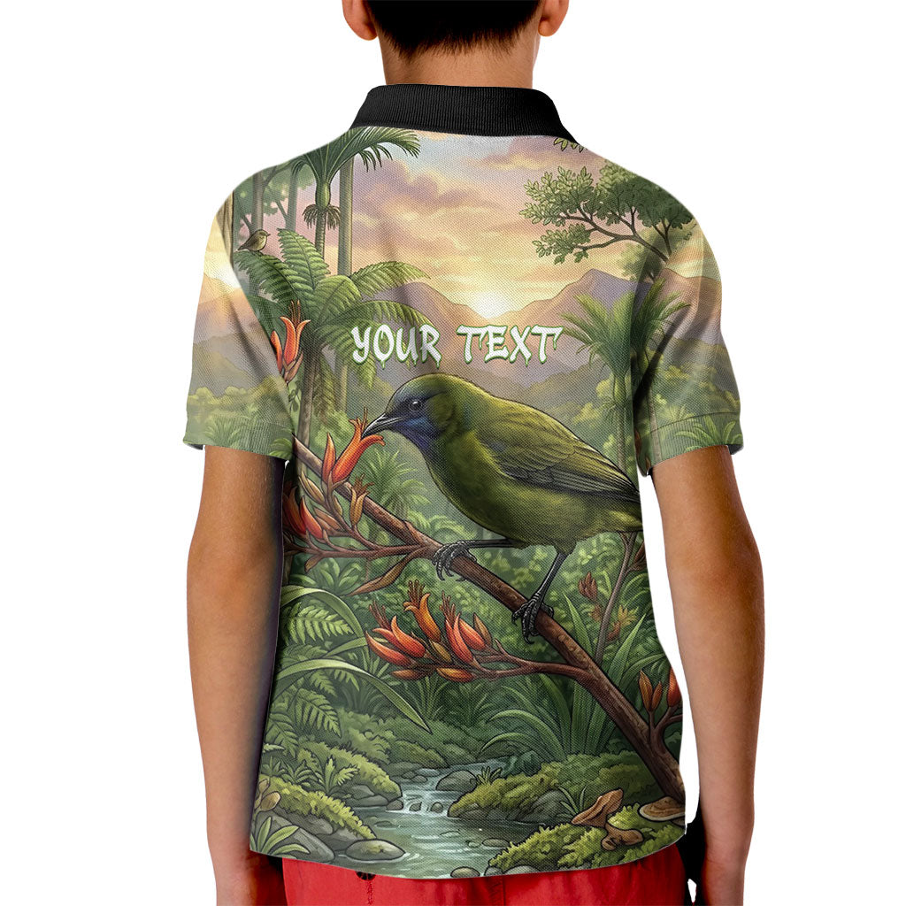 Bellbird New Zealand Personalised Kid Polo Shirt Korimako Harakeke Flower Native Forest LT22 - Polynesian Pride