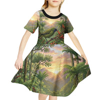 Bellbird New Zealand Personalised Kid Short Sleeve Dress Korimako Harakeke Flower Native Forest LT22 - Polynesian Pride