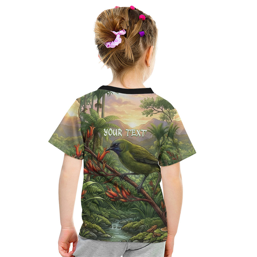 Bellbird New Zealand Personalised Kid T Shirt Korimako Harakeke Flower Native Forest