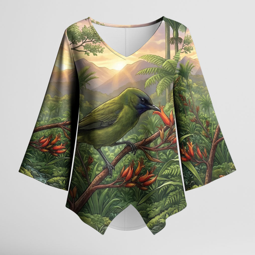 Bellbird New Zealand Personalised Kimono Sleeve Blouse Korimako Harakeke Flower Native Forest LT22 Female Green - Polynesian Pride