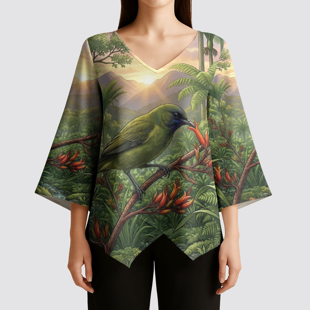 Bellbird New Zealand Personalised Kimono Sleeve Blouse Korimako Harakeke Flower Native Forest