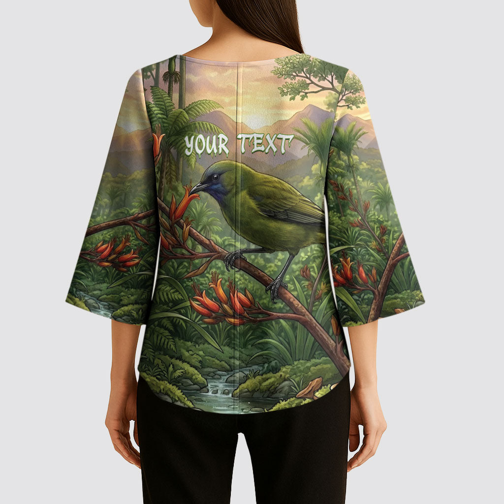 Bellbird New Zealand Personalised Kimono Sleeve Blouse Korimako Harakeke Flower Native Forest