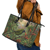 Bellbird New Zealand Personalised Leather Tote Bag Korimako Harakeke Flower Native Forest