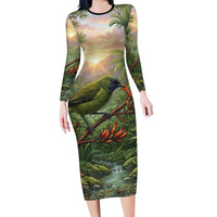 Bellbird New Zealand Personalised Long Sleeve Bodycon Dress Korimako Harakeke Flower Native Forest LT22 Long Dress Green - Polynesian Pride