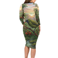 Bellbird New Zealand Personalised Long Sleeve Bodycon Dress Korimako Harakeke Flower Native Forest LT22 - Polynesian Pride