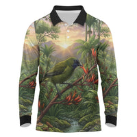 Bellbird New Zealand Personalised Long Sleeve Polo Shirt Korimako Harakeke Flower Native Forest LT22 Green - Polynesian Pride