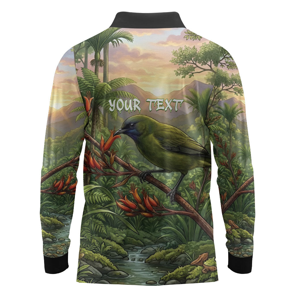 Bellbird New Zealand Personalised Long Sleeve Polo Shirt Korimako Harakeke Flower Native Forest LT22 - Polynesian Pride
