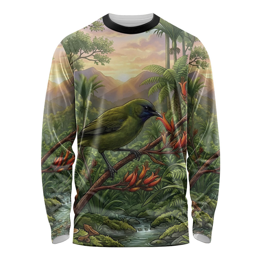 Bellbird New Zealand Personalised Long Sleeve Shirt Korimako Harakeke Flower Native Forest LT22 Unisex Green - Polynesian Pride