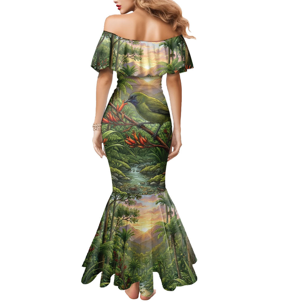 Bellbird New Zealand Personalised Mermaid Dress Korimako Harakeke Flower Native Forest LT22 - Polynesian Pride