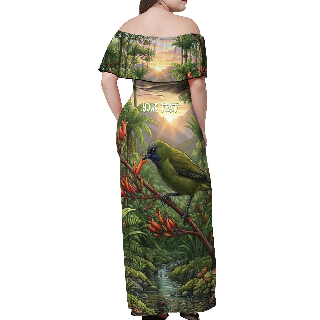 Bellbird New Zealand Personalised Off Shoulder Maxi Dress Korimako Harakeke Flower Native Forest LT22 - Polynesian Pride