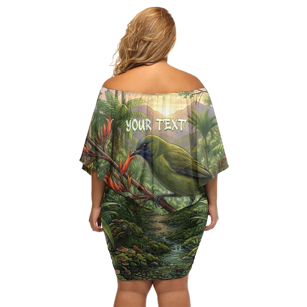 Bellbird New Zealand Personalised Off Shoulder Short Dress Korimako Harakeke Flower Native Forest LT22 - Polynesian Pride